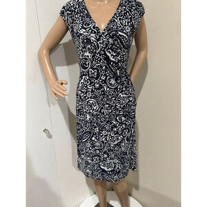 Women's CHAPS Navy White Paisley surplice neck side ruched sleeveless Dress M